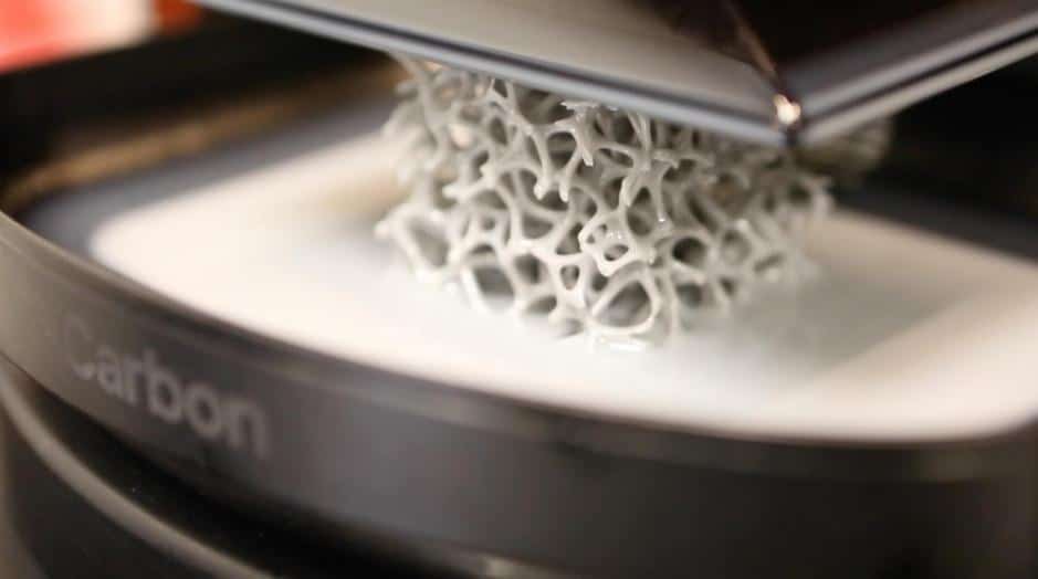 The M1 3D printer prints a sophisticated geometric structure, developed by Silicon Valley startup Carbon, at Carbon headquarters in Redwood City